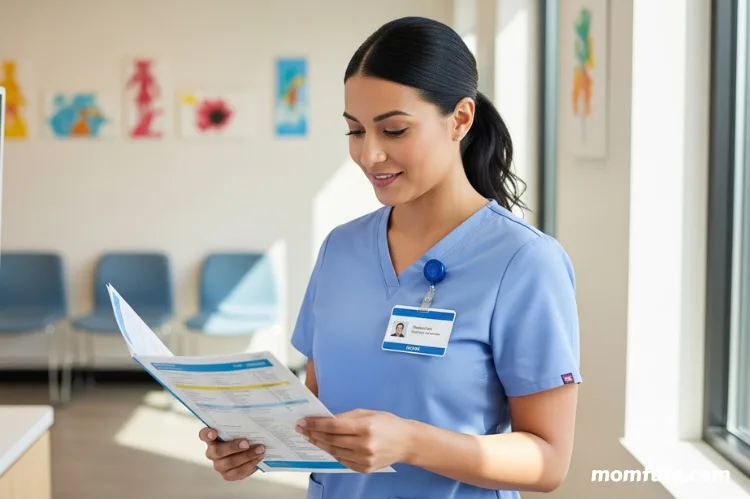 A confident Pediatric Nurse Practitioner in a modern clinic, reviewing medical charts.