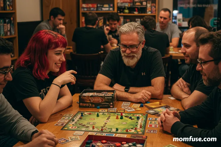 Diverse group of people at a board game cafe.