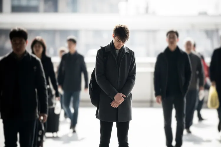 Individual standing apart from a group of people.