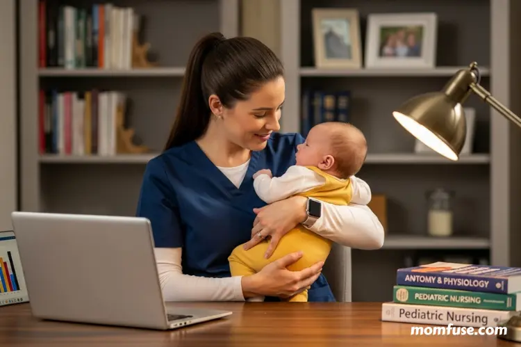 A proud mother in nursing scrubs holding her child, laptop and books nearby.