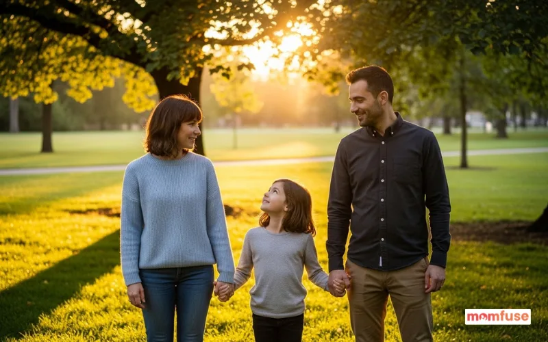 Separated parents standing on either side of their child in a peaceful park, holding hands.