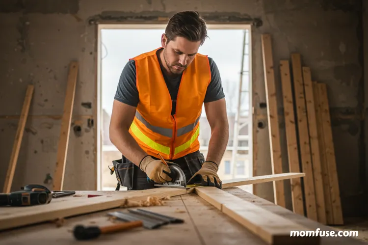 Professional carpenter carefully measuring and cutting wooden planks on-site.
