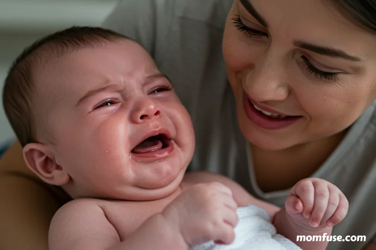 A baby crying with teary eyes, small clenched fists, while a caregiver’s comforting.