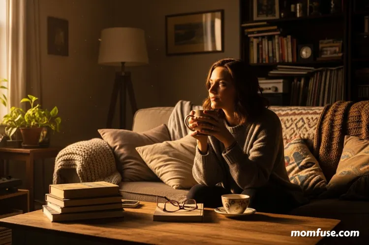 A cozy but cluttered living room bathed in early morning light. A woman sits on the couch.