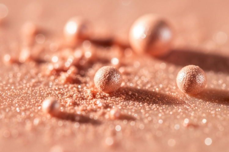 Blush powder particles glowing under soft light, and natural radiance merging with skin tone.