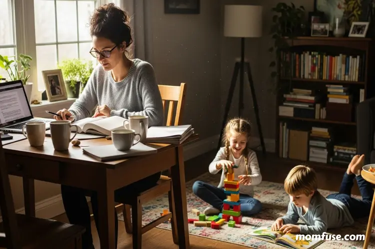 A mother studying at home while children play nearby.