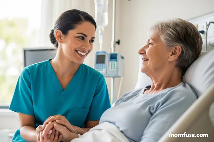 A nurse smiling while comforting a patient, sense of purpose and fulfillment, hospital setting.