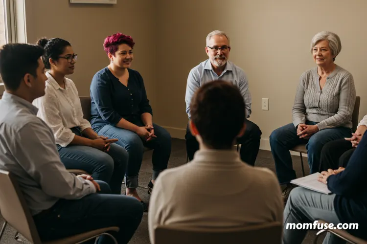 Group therapy session with people sitting in a circle.