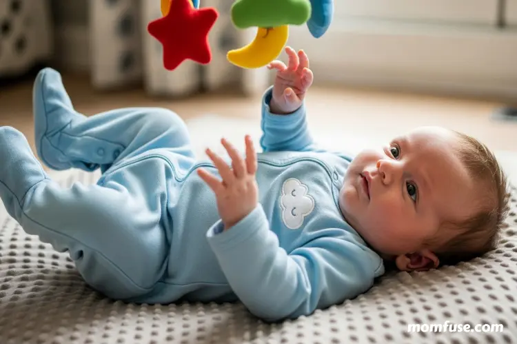 A newborn baby lying on a soft mat during floor play, gently kicking legs and reaching for a colorful toy.