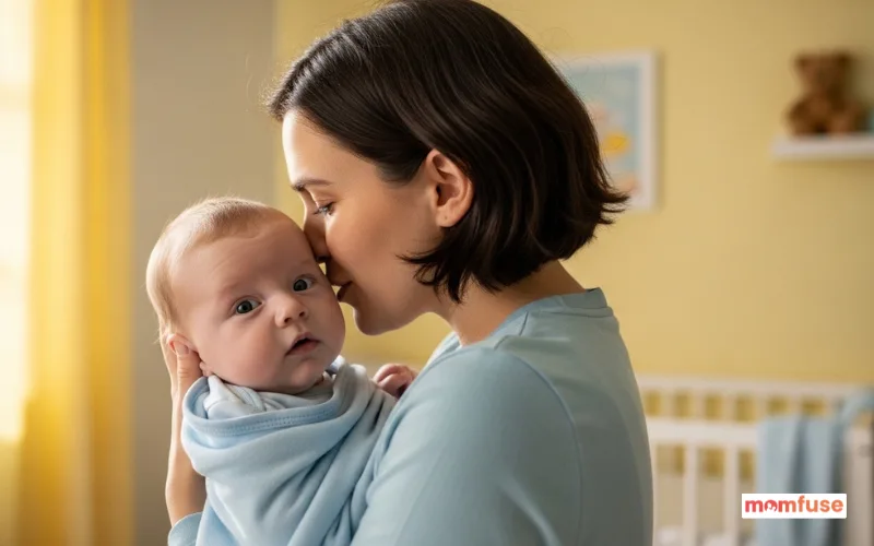 Parent gently whispering a baby’s name while holding the child, soft nursery background, emotional moment.