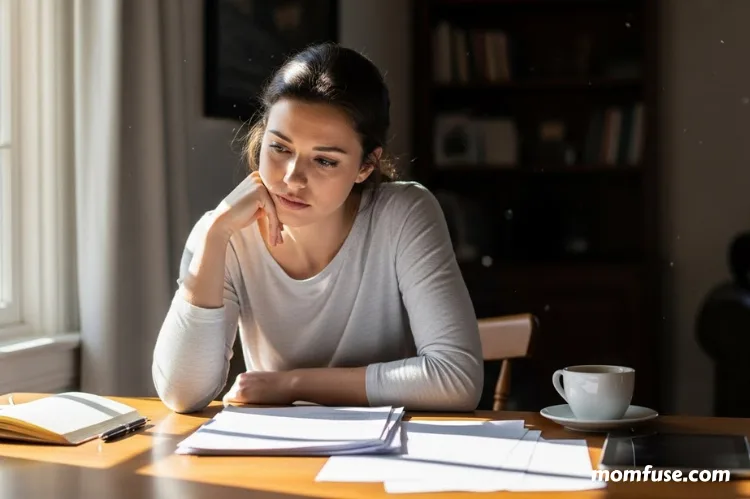 A thoughtful woman sitting alone at a table with documents.