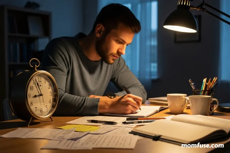 A man in a work, clock over a desk with scattered notes.