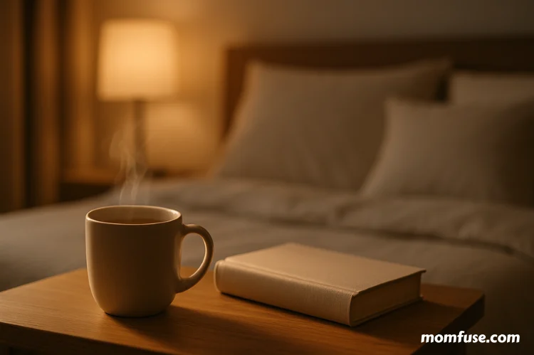 Steaming cup of coffee beside book.