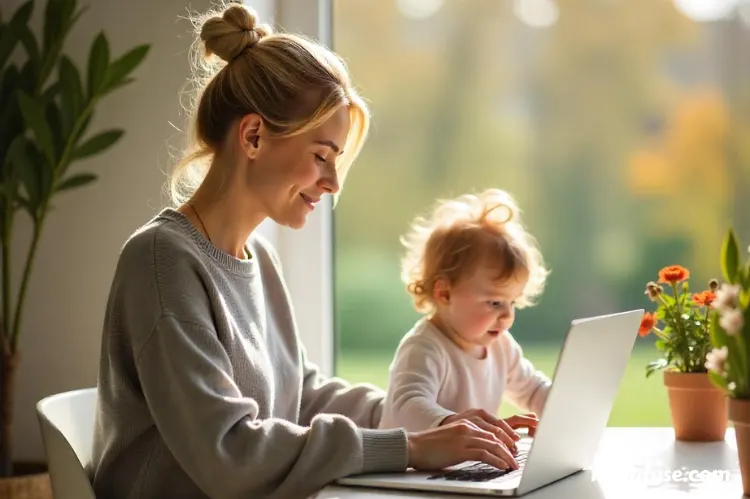 A modern mom sitting at a home desk with a toddler on her lap and a laptop in front of her.