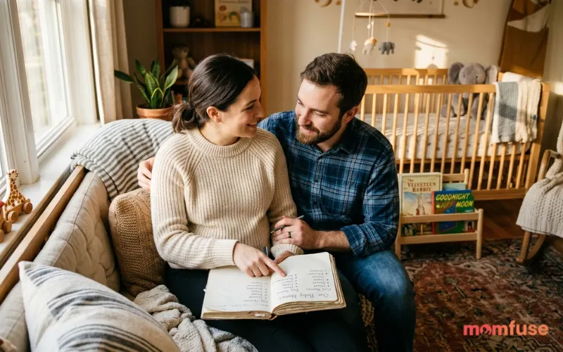 Parents choosing baby names from notebook, cozy nursery, warm sunlight, thoughtful atmosphere