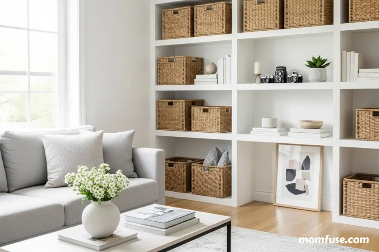 A tidy home with organized storage baskets, neatly arranged shelves, clutter-free surfaces.