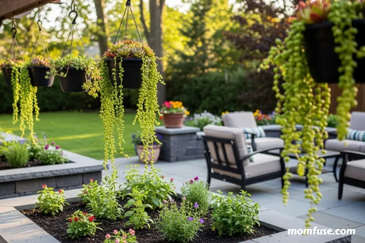 A thoughtfully designed backyard with raised beds, hanging pots.