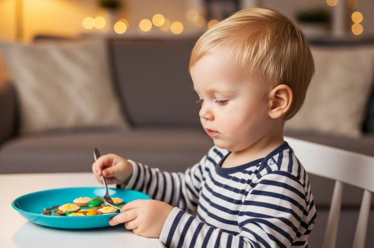 Toddler eating rainbow plate of fruits and veggies, cheerful and curious.