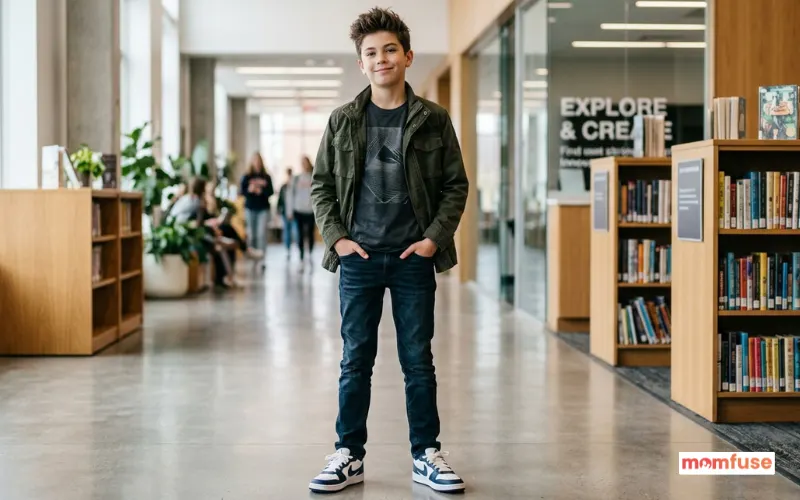 confident smart boy standing, slight smirk, modern outfit, soft natural lighting