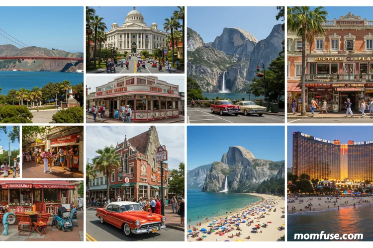 A colorful collage of iconic American summer travel destinations.