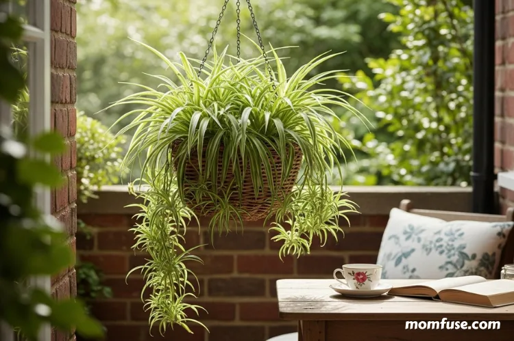 A hanging basket with lush spider plants in a cozy outdoor nook.