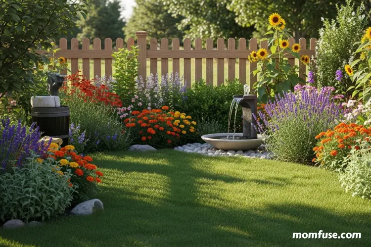 A cheerful backyard garden filled with safe, pet-friendly plants.