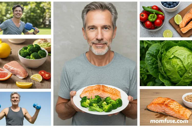 A healthy lifestyle collage featuring a person eating nutritious food.
