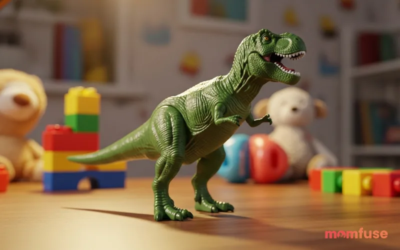 Green toy T-Rex in child’s room, realistic toy texture, warm indoor lighting, shallow depth of field