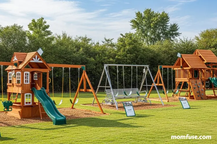 Outdoor and sensory play equipment display featuring wooden playset with slide.