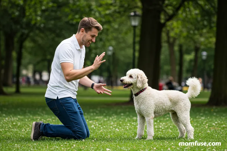 A professional dog trainer teaching a Poodle to obey commands in a park.