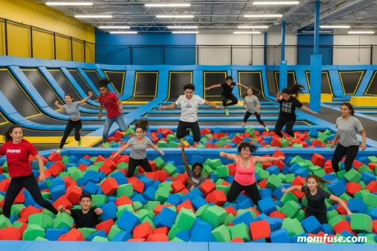 An energetic indoor trampoline park with wall-to-wall trampolines, foam pits.