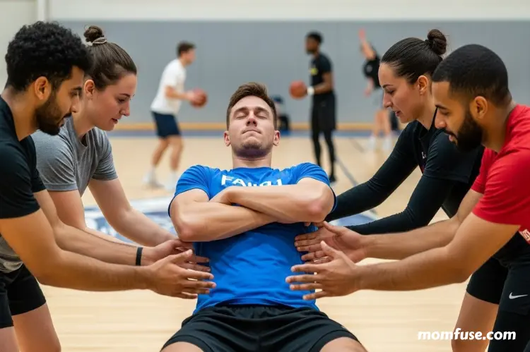 Athletes in a sports practice session performing a trust fall exercise.