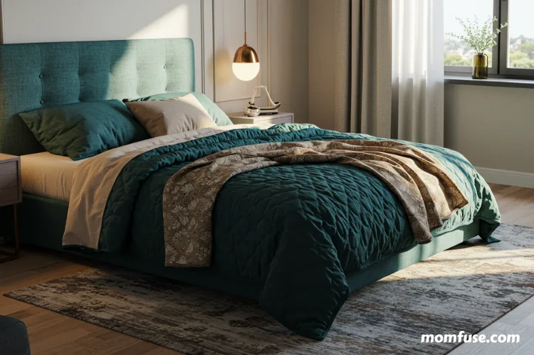 A beautifully styled modern bedroom featuring a cozy, elegant bed with a luxurious quilt.