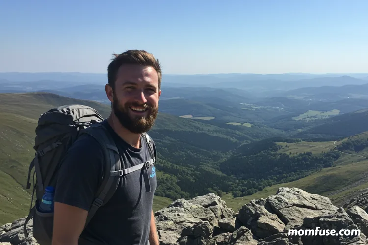 A smiling man with a beard, wearing a backpack, stands on a rocky mountain ledge