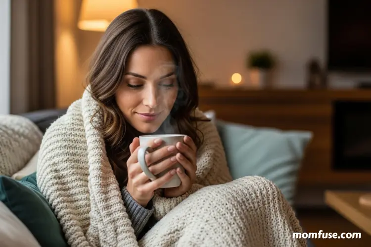 A peaceful self-care moment: woman wrapped in a soft blanket holding a warm cup.