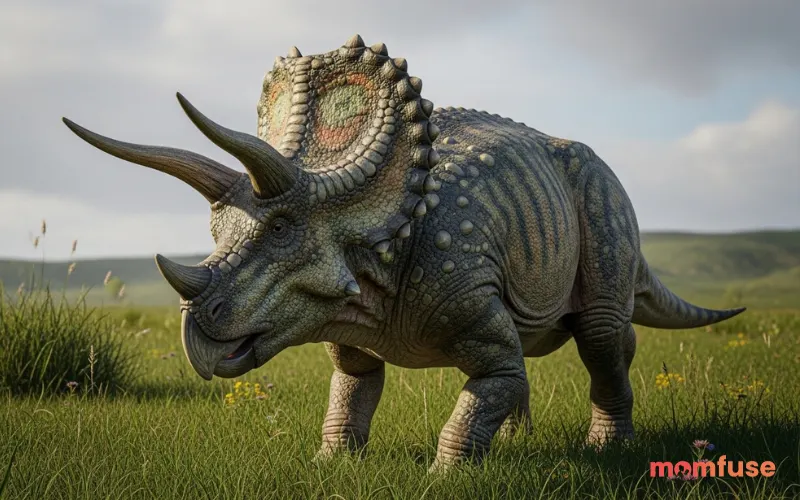 Triceratops standing in grassy field, calm posture, detailed horns and frill, natural daylight realism