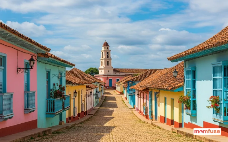 Colorful colonial streets of Trinidad Cuba, cobblestone roads, pastel houses, terracotta roofs, Torre Manaca Iznaga tower.