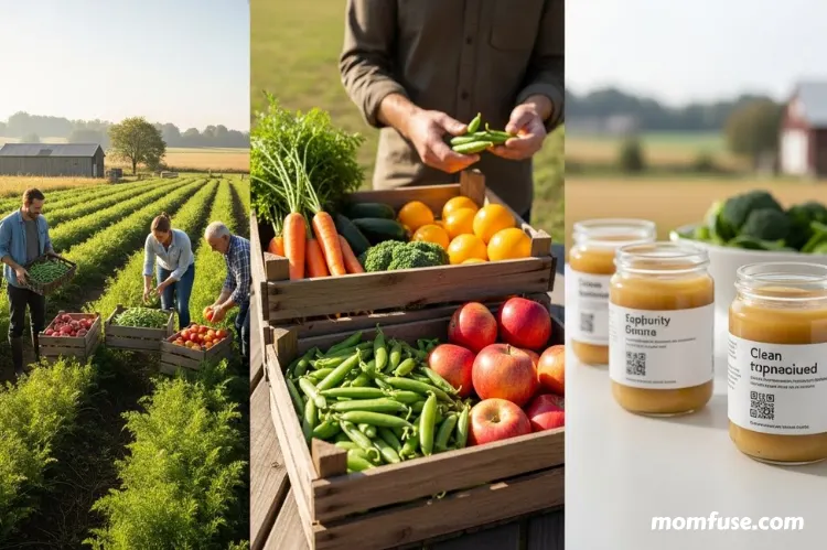 farm-to-table concept image showing fresh produce at a small farm transitioning into clean packaged baby food