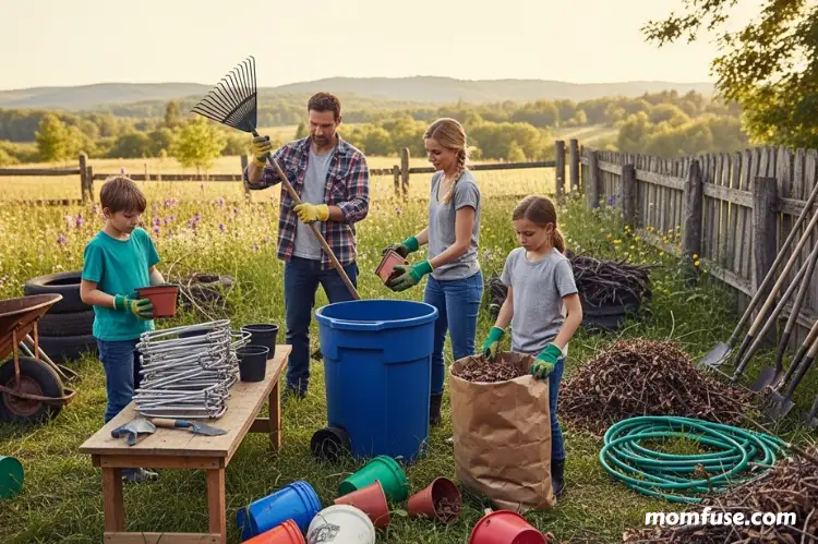Rural backyard with kids and parents sorting outdoor clutter: metal tools, plastic items, yard waste.