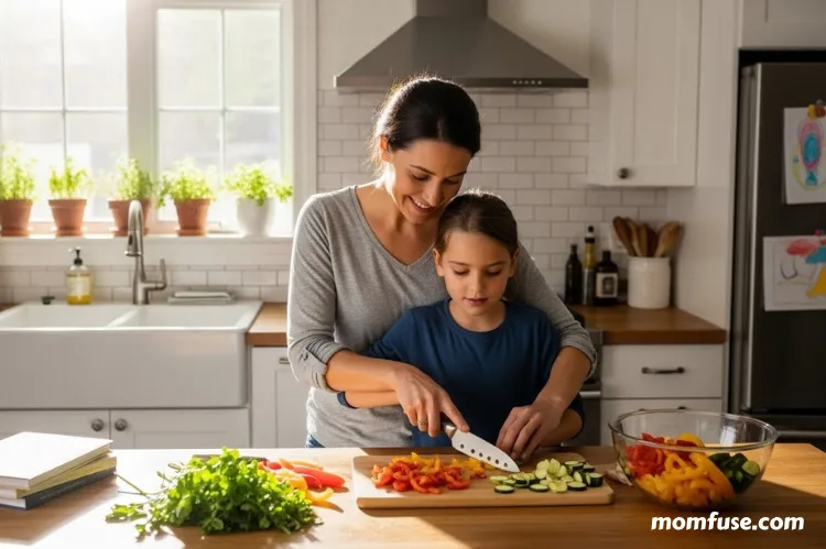 Parent and child cooking together in a sunny kitchen, showing safe handling of knives and vegetables.