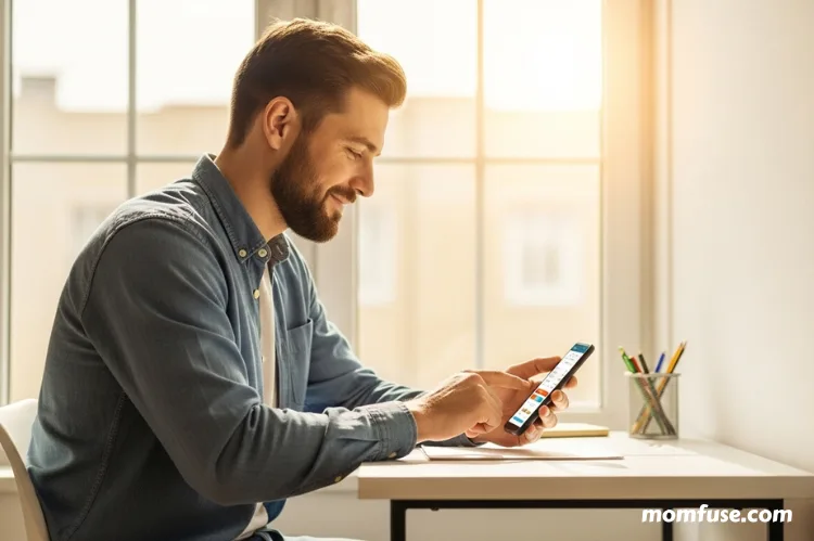 A hopeful person sitting at a small desk, reviewing a budget app.