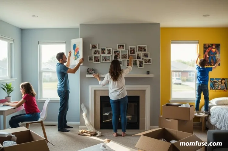 Urdu Family decorating new living space with photos, artwork, kids arranging their rooms.