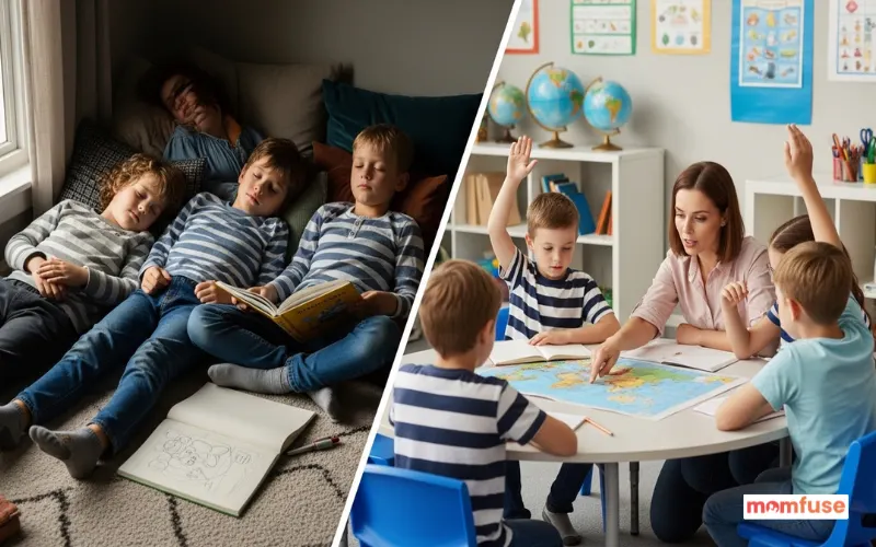 Split scene one side with children resting on the other side with kids engaging in guided learning activities.