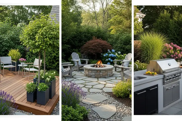 Three outdoor spaces: a modern wooden deck, a stone patio with a fire pit, and a contemporary outdoor kitchen.