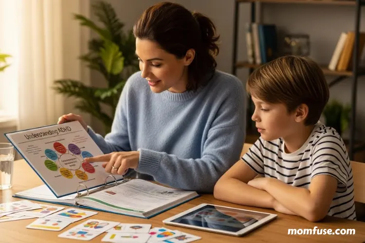 A mother sitting with her child at a table, reviewing ADHD educational material together.