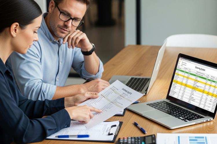 An event organizer and a catering consultant sitting at a table, reviewing a detailed catering quote with cost breakdown for food, staffing, and rentals. 