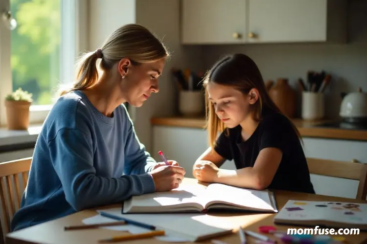 A mother and dughter sitting together at a kitchen table surrounded by schoolbooks, art supplies.