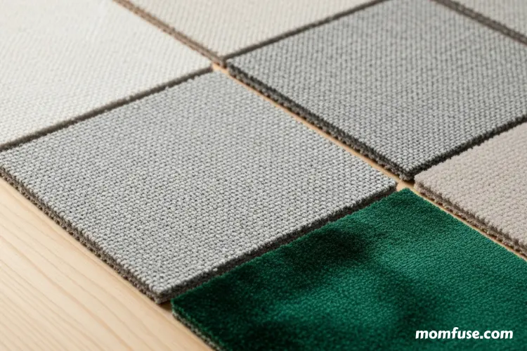 A realistic close-up display of various sofa fabric samples including linen, cotton, microfiber, velvet.