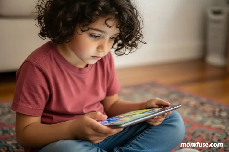 A young child looking at a tablet screen with tired eyes.