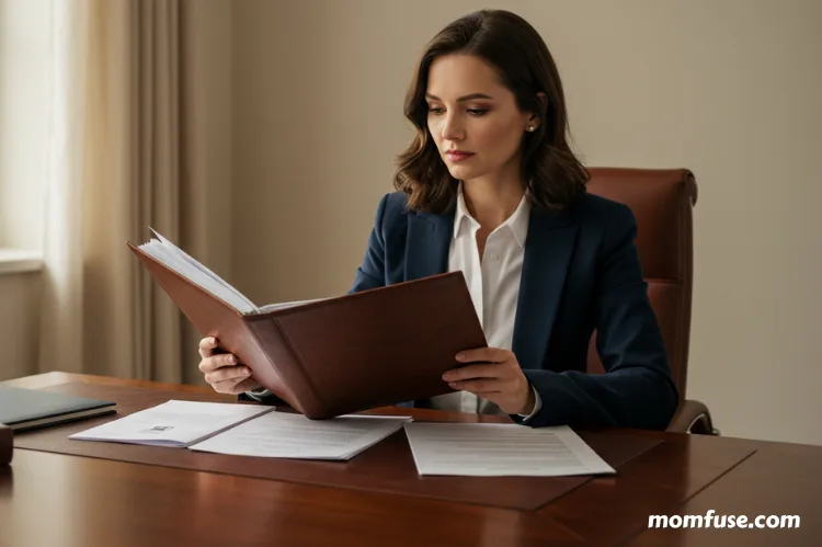 A woman holding a folder with legal and medical documents, seated at a desk.